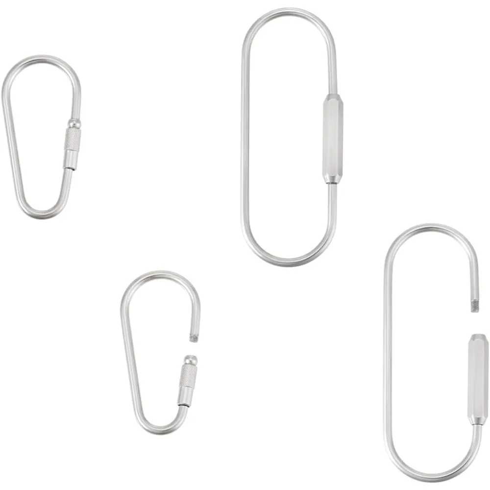 4pcs 2 Styles 304 Stainless Steel Screw Carabiner Lock Clasps Metal Screw Locking Keychain Carabiner Clasps Oval Keychain kit