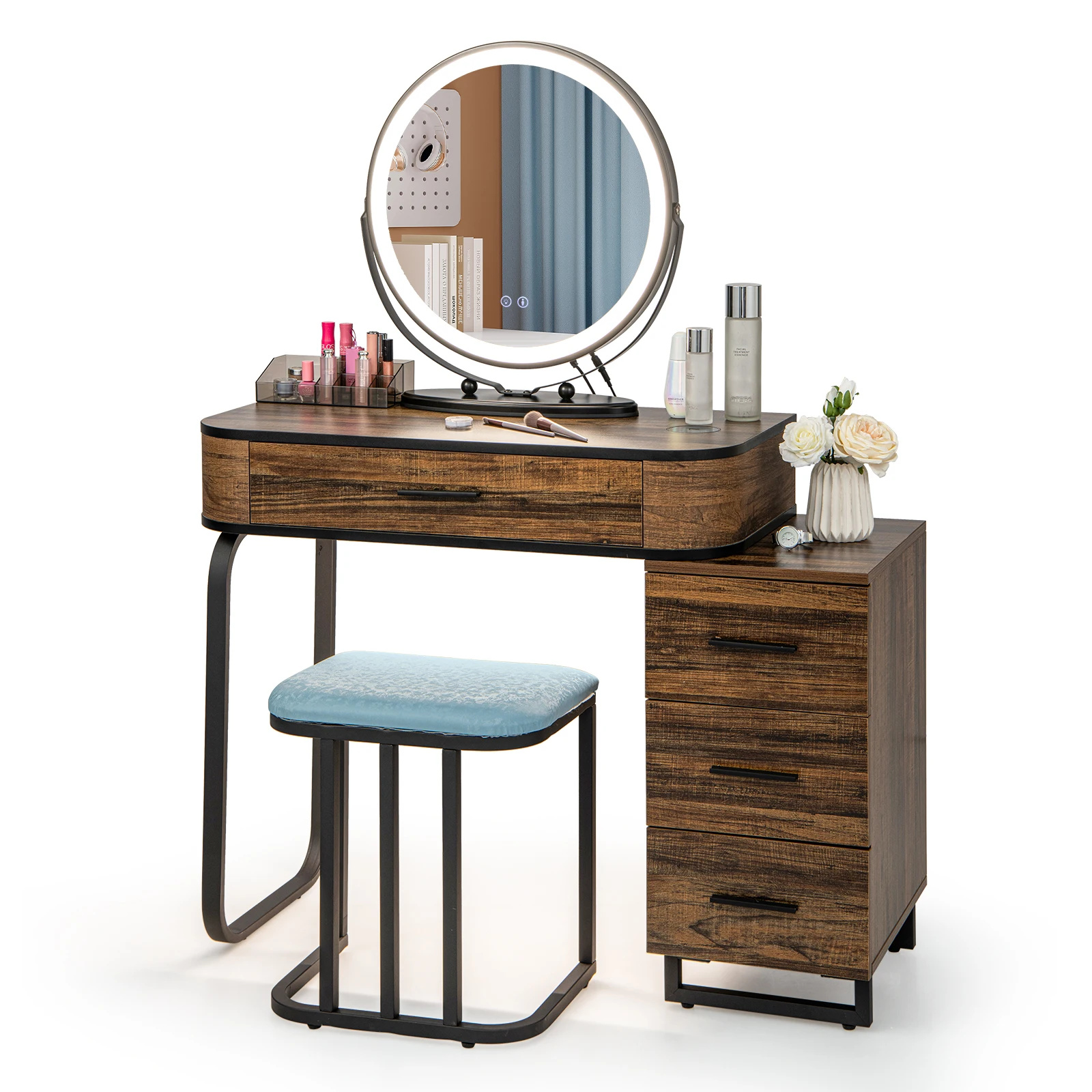 GOFLAME Vanity Table Set with Lighted Mirror, Makeup Table with Cushioned Stool