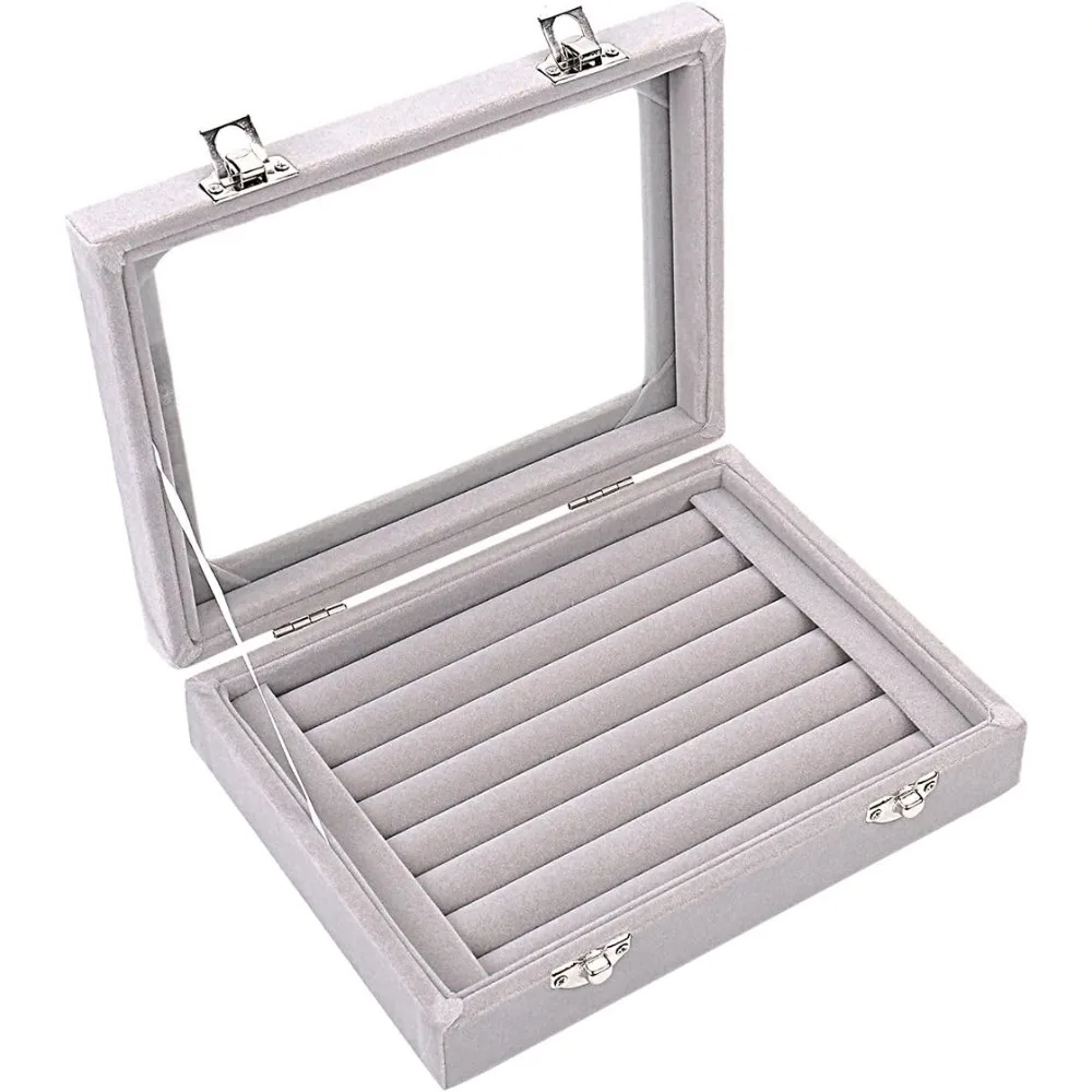 

Jewelry Storage Box, 7 Slots Velvet Glass Ring Display Tray Case Holder Earring Organizer Stand, Jewelry Storage Box