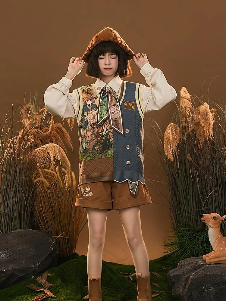 2024 Autumn Sweater Animal Patchwork Knitted Vest Contrast ColorTop for Women Vintage Sleeveless Kawaii Harajuku V-Neck Cardigan