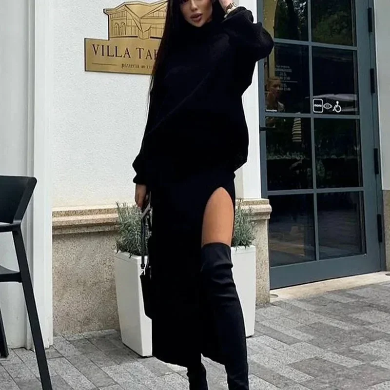 High Quality Women\'s Solid Color Knitted Two-piece Sexy High-neck Loose Wool Knit Pullover + Split High-waist Skirt Casual Suit