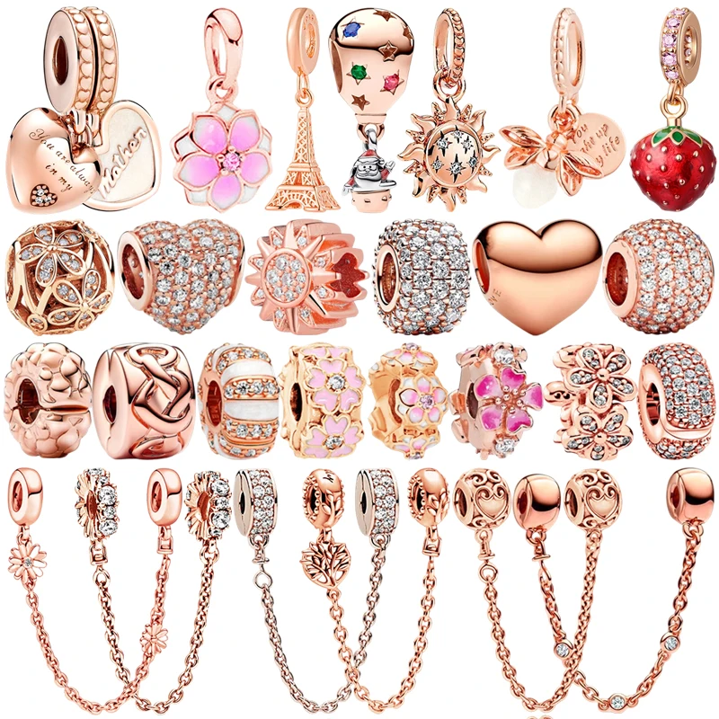 2026 NEW Europeans Rose Gold Original Flower Charms Clip Heart Dangle Strawberry Bead Fit Silver Bracelet DlY Women Jewelry Gift