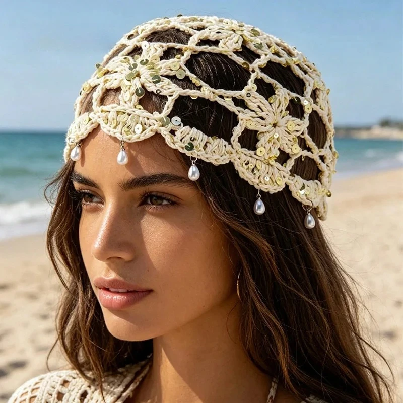 Bohemian Sequined Hollow Flower Knitted Beanies Cap for Women Spring Summer Travel Versatile Retro Pearl Fringed Pullover Hat