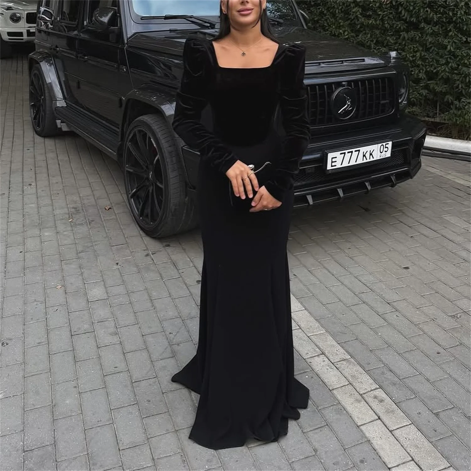 مطوي رقبة مربعة حورية البحر فستان حفلات رسمي كم طويل طول الأرض فستان الحفلات كلاسيكي مخصص فستان سهرة جديد 2025 #1