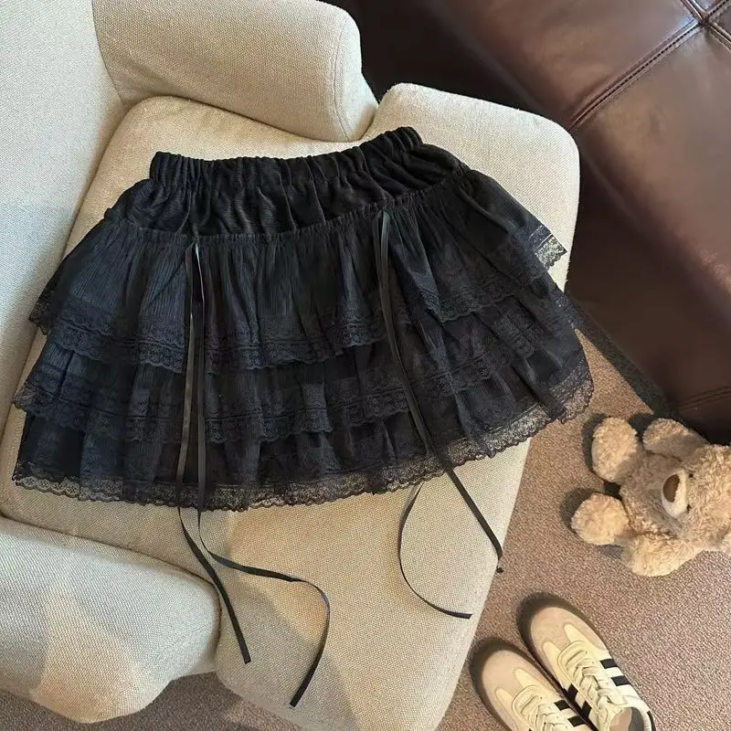 High Waisted Elastic Lace Patchwork Fluffy A-line Skirt Bow Cake Ribbon Velvet Skirt Black Юбка Vintage Юбки Faldas Mujer