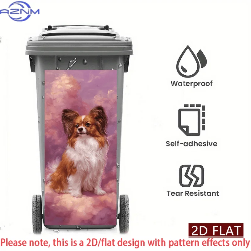 Self-Adhesive PVC Sticker Featuring a Papillon Dog Design with Pink Clouds, Suitable for Decorating Trash Cans And Walls. This