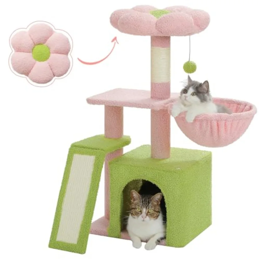 

Когтеточка-цветок для кошек, 32 дюйма, маленькая кошачья башня-домик с сизалевым ковриком для царапания, уютным гамаком и съемной лежанкой в форме цветка