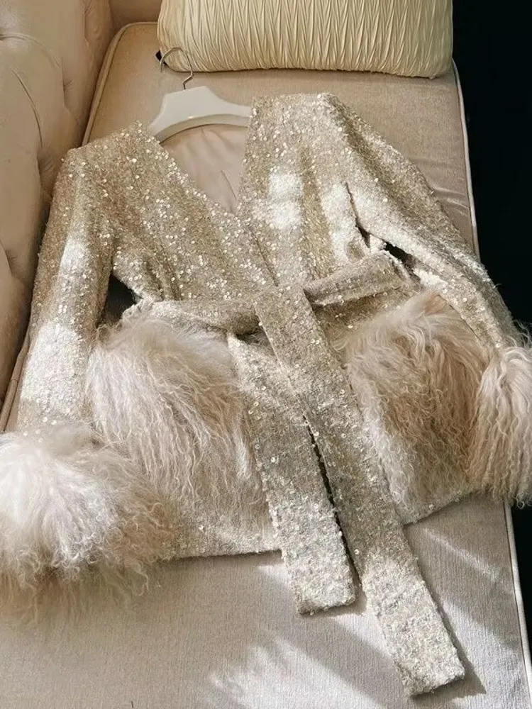 Women Bling Gold 2024 Cardigans Long Sleeve Embellish Knit Coat Outerwear Loose Korea v-neck fur coat Open Stitch Lady