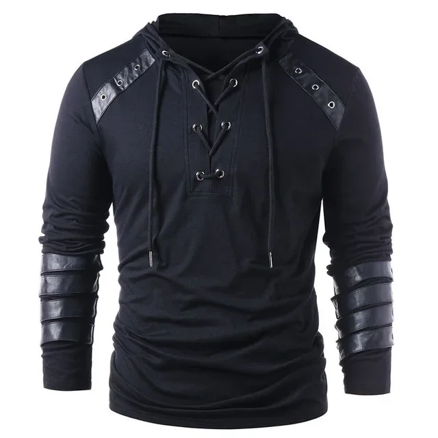 Adult Men Medieval T-shirt Gothic Steampunk Sweatshirt Lace Up Long Sleeve Pullover Hooded Tee Halloween Shirts Tops chemise