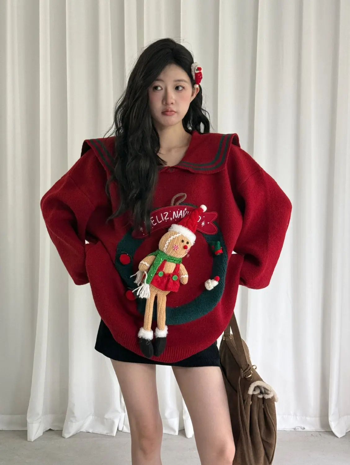 

3D Christmas Character Sweater Women's Sailor Collar Oversized Novelty Holiday Pullover