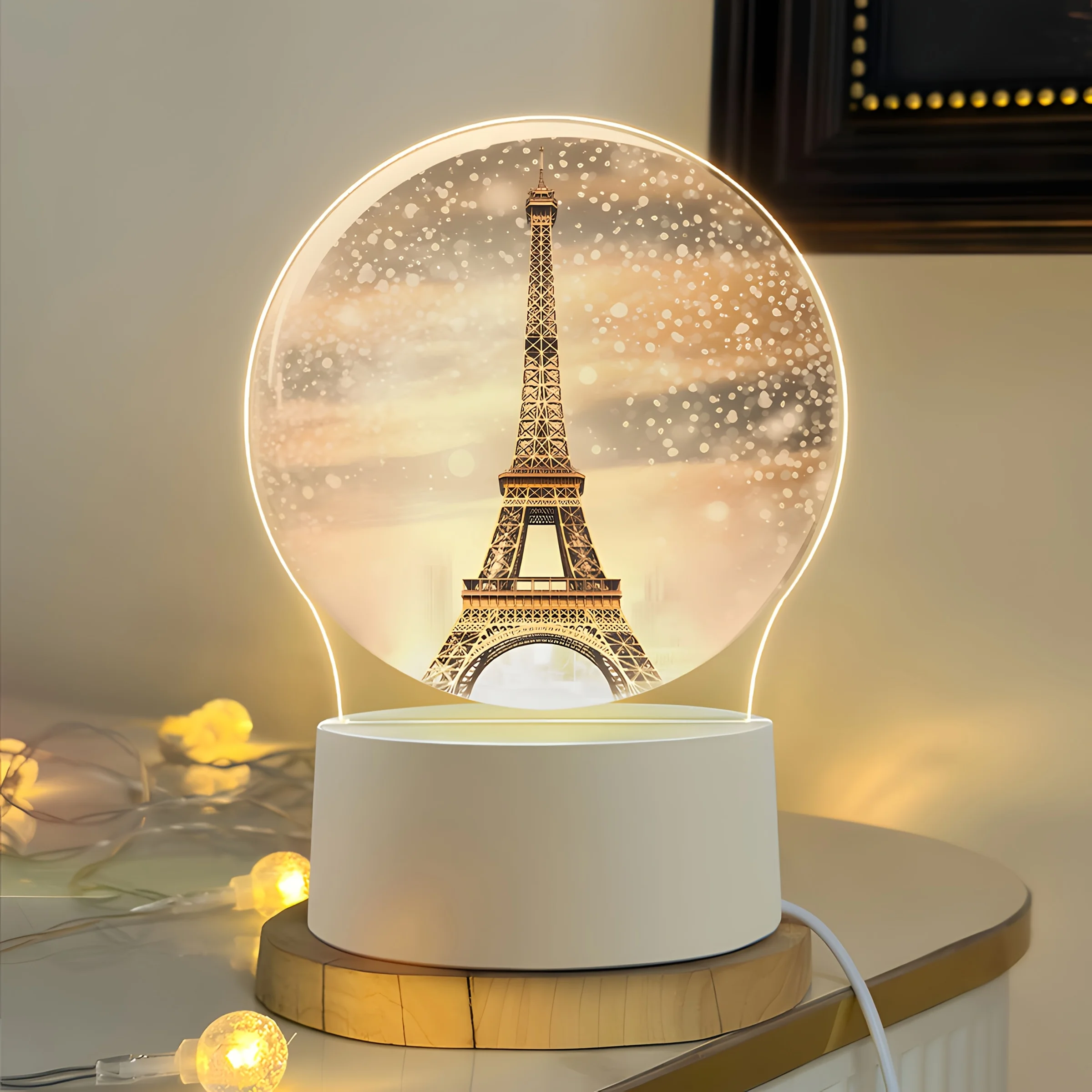 Paris Eiffel Tower LED acrylic night light, snow scene design, USB-powered, suitable for the living room, warm monochrome light.