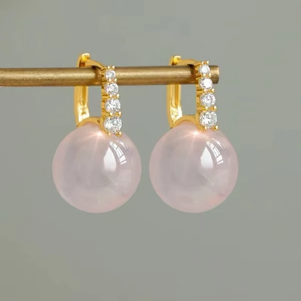 Trendy Natural Kunzite Earrings Sterling 925 Sliver Rose Quartz Gemstone 12mm for Women Lady Party Wedding Birthday Jewelry Gift