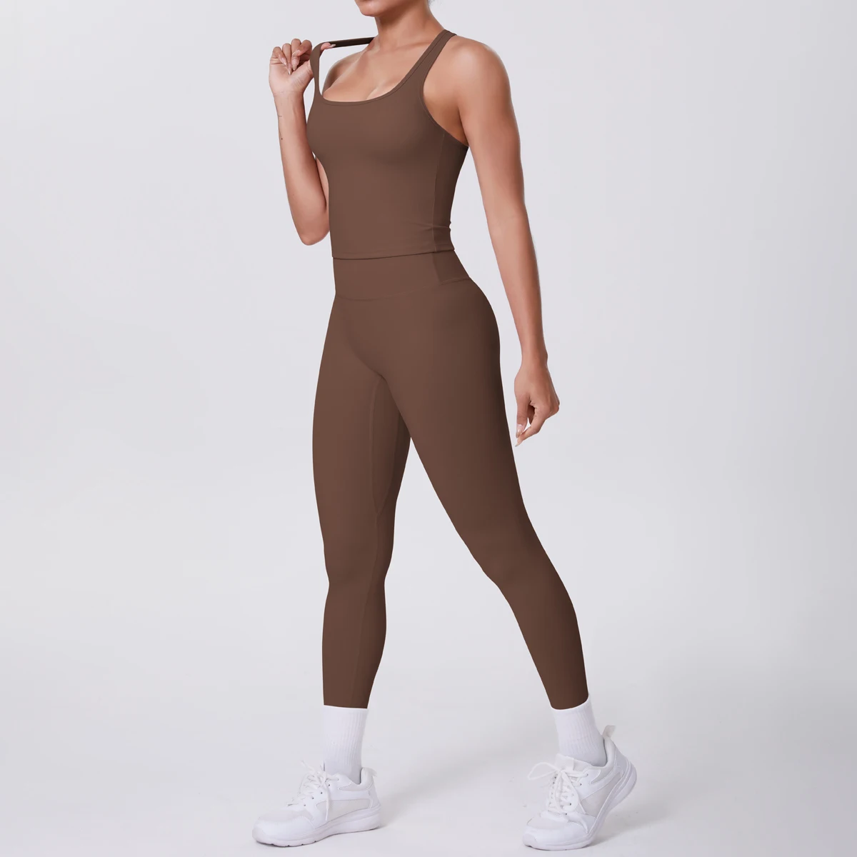 Hamidou 2-teiliges Damen-Yoga-Set, schnell trocknende, hüftformende Fitnesshose, Yoga-Leggings, einfarbig, Gym, schöner Rücken, I-förmige Weste – Detail 8