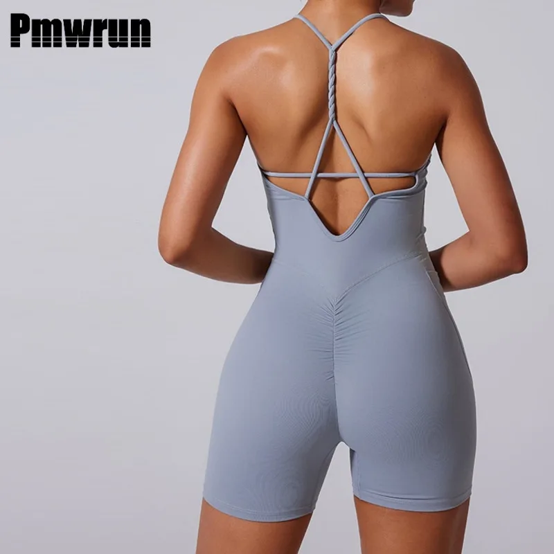 

PMWRUN Nude Feel Jumpsuit Twist Bends And Hitches Beauty Back Shorts Women's Waist Pleated Yoga Jumpsuits Sporty Gym Woman