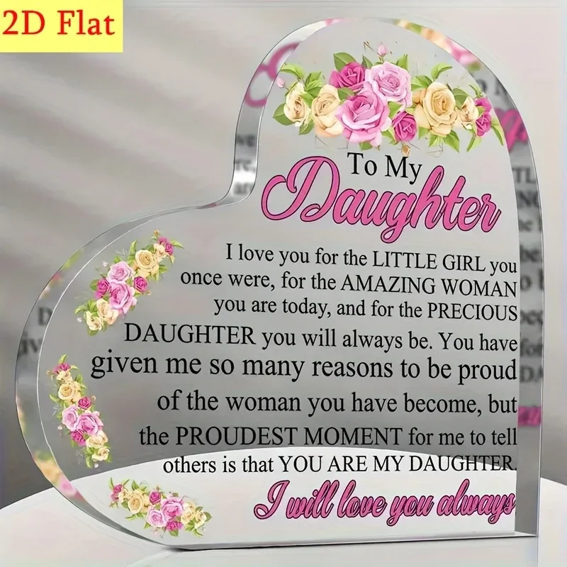 To My Daughter Heart‑Shaped Acrylic Plaque, Pink Cream Rose Floral Sentimental Keepsake Gift