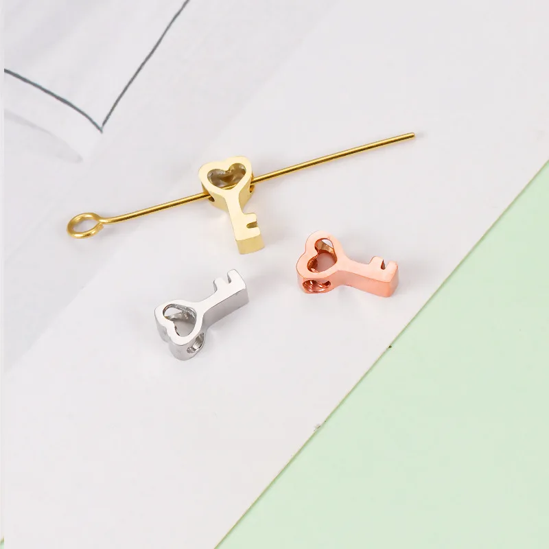 5Pcs Silver Color/Gold Color/Rose Gold Color Stainless Steel Heart Key Bead Charm For Jewelry Making  1.8mm Hole Mirror Polished