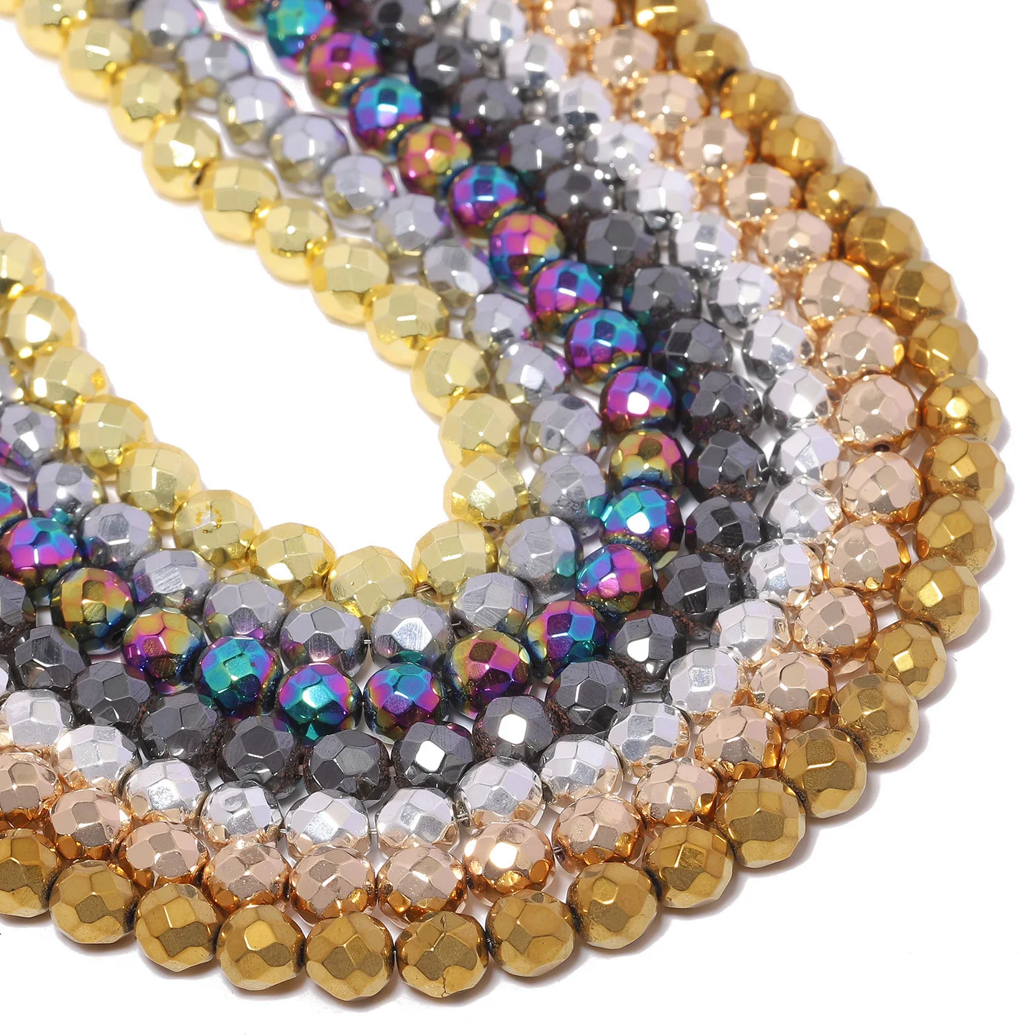 6/8/10mm Natural Hematite Round Shape Stone Beads Colorful Faceted Golden Silvery Beads DIY Jewelry Making Handmade for Necklace