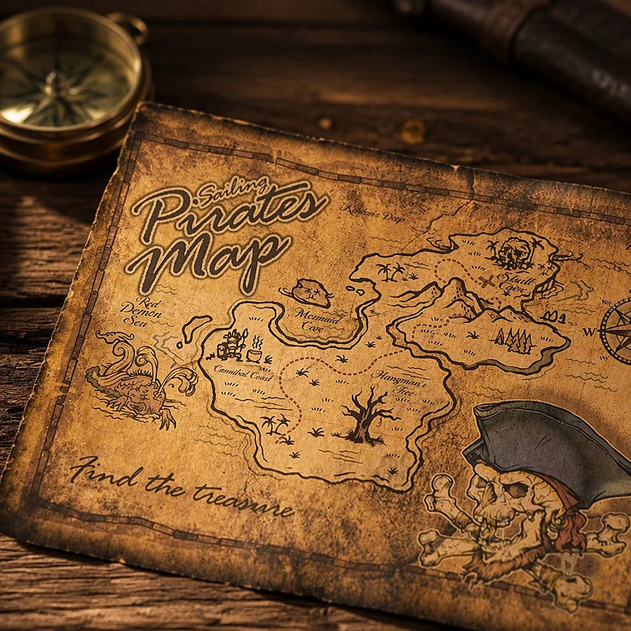1pc Vintage Pirate Treasure Map Poster Halloween Party Decorations Retro Nautical Skull Island Prop Backdrop Banner