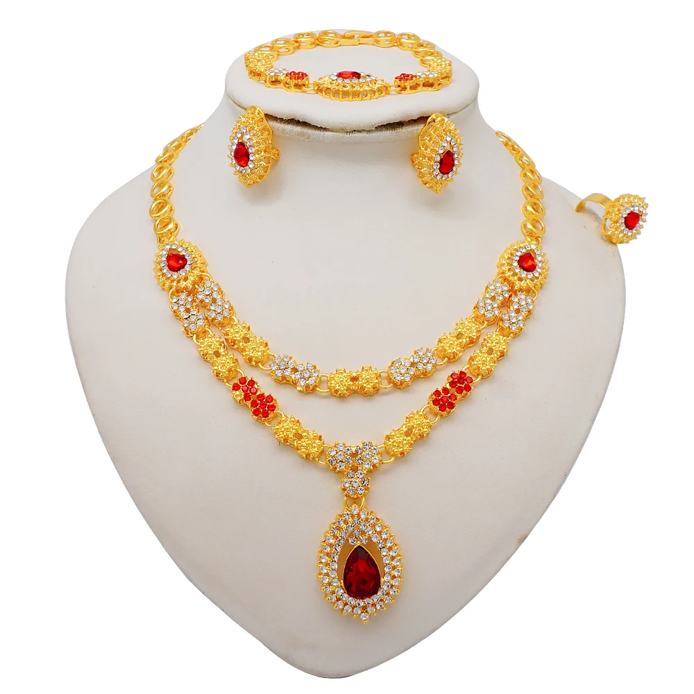 Luxus Dubai Gold Farbe Doppels chicht Halskette Schmuck Sets für Frauen afrikanischen Wasser tropfen Kristalls chmuck indischen Set Geschenke – Detail 10