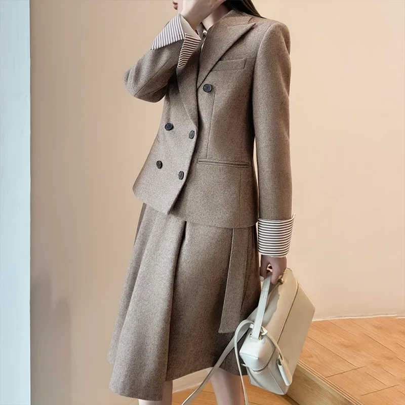 Cappotto blazer in lana twill di alta qualità + gonna midi - Set due pezzi da donna stile Old Money Signora intellettuale 25101175