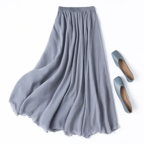 Women Silk Skirt 100% Mulberry Silk Gray Blue Double Lining Summer Beach Elastic Waist Vacation Skirts Office Lady Party M1270