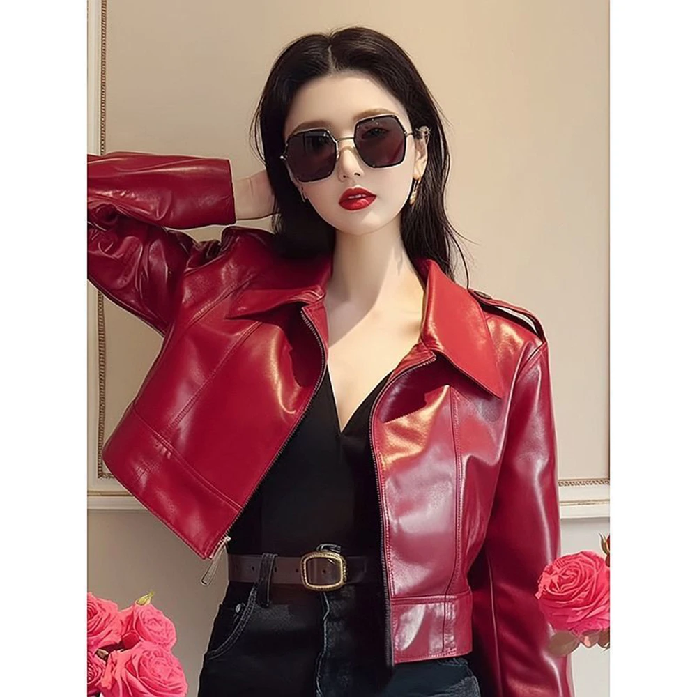 

Women Red PU Leather Jacket Spring Autumn New Style Zipper Design Turn-down Collar Short Coat Femal Long Sleeve Solid Color Top