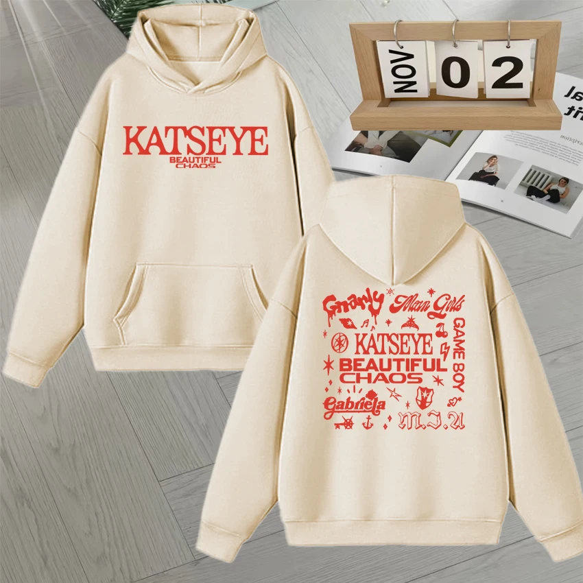 Fashion Retro Katseye Beautiful Chaos Tracklist Double Sided Print Hoodie Long sleeve Men Women Autumn Winter vintage Sweatshirt