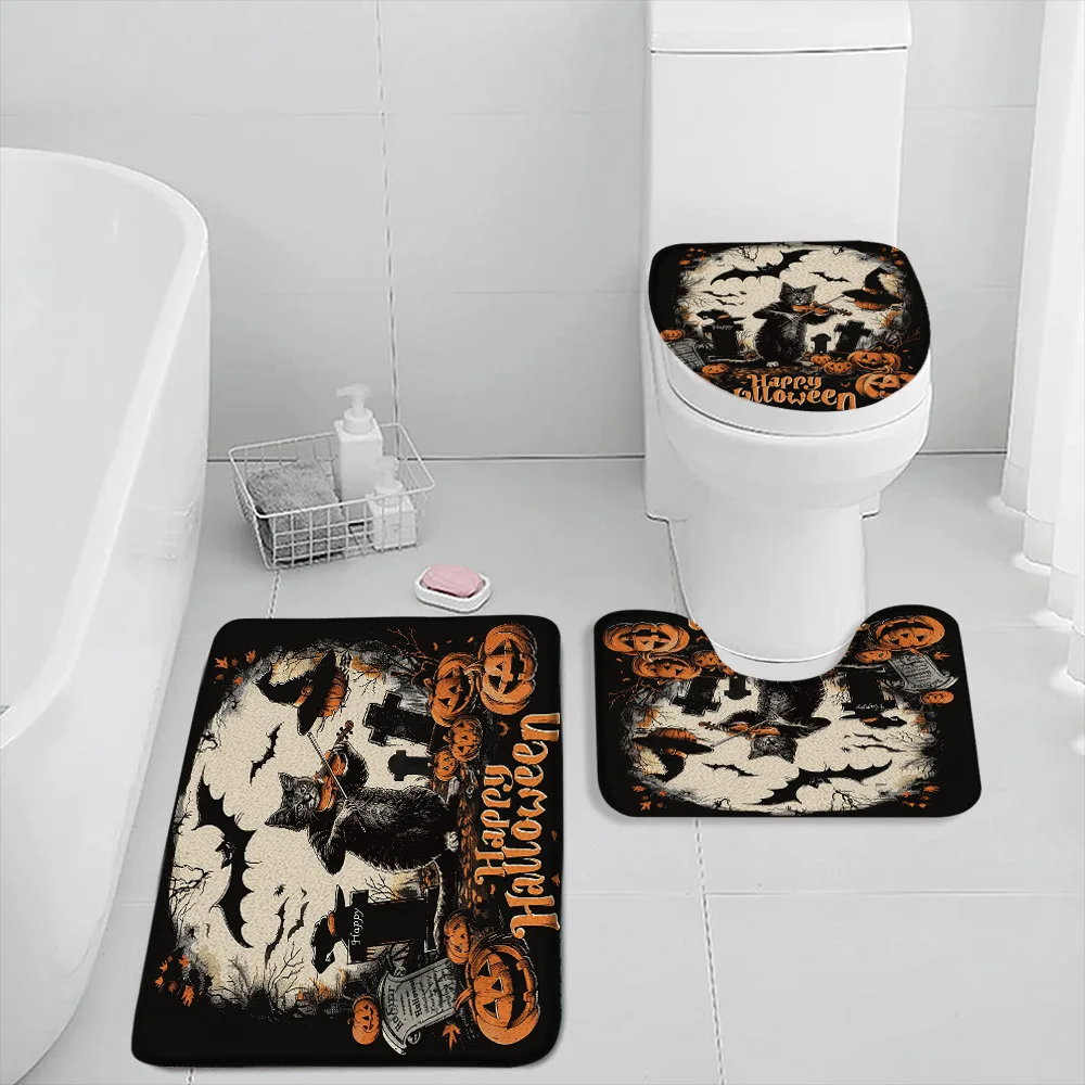 Black Witch Cat Halloween Bath Mat Set Bathroom Decor Full Moon Horror Night Evil Pumpkin Graveyard Bath Rug Toilet Seat Cover