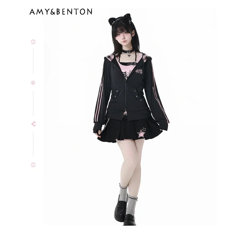 25COSSummer New Spice Girl Nero e Rosa Splicing Y2K Abiti Dolce Halter Slim Bretella Plaid Splicing Gonna a pieghe Due pezzi