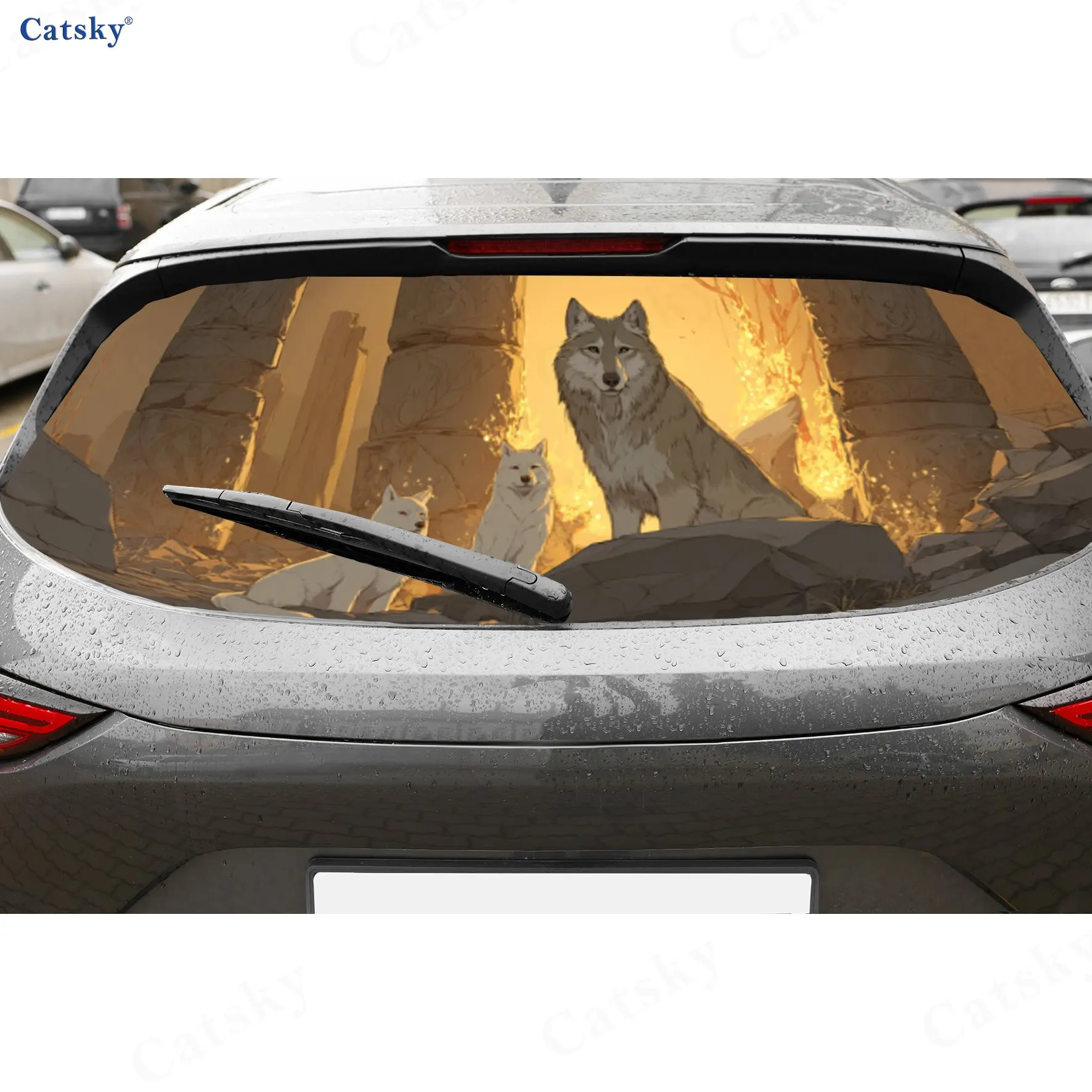 

Flame Ruins Wolf Pack Dark Power PVC Perforated Car Vinyl Wraps, Durable Car Rear Windshield Sticker, Waterproof Car Rear Window