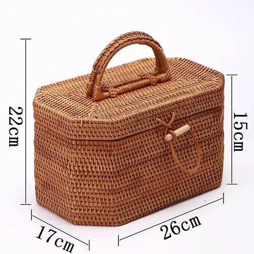Handwoven Rattan Storage Box with Handle Wicker Ornament Box Tea Set Container Picnic Bread Fruit Cake Basket Kitchen Organizer - Image 8