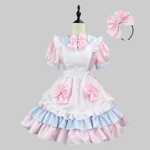 Sweet Lovely Lolita Dress Pink Blue Cute Maid Dress Outfits Anime Cosplay Maid Costume Kawaii Pink Lolita Dresses Halloween