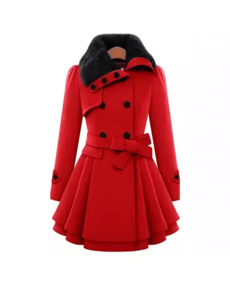 Women Jacket Slim Long Pleated Waistband Double Breasted Woolen Coat Autumn Winter Fashionable Warm Plus Size Female Clothing