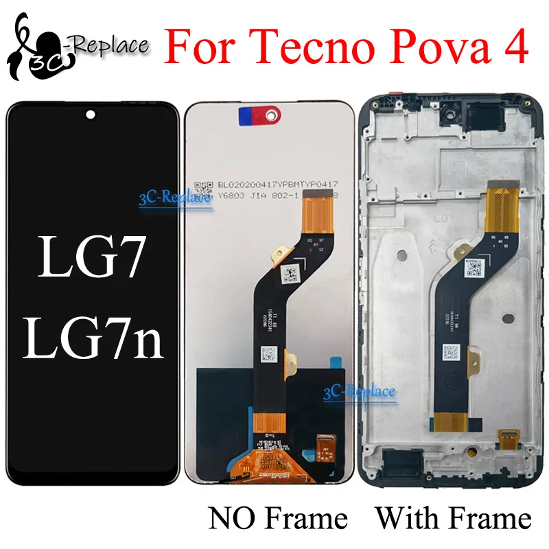 Черный 6,82-дюймовый ЖК-дисплей для Tecno Pova 4 Pova 4 LG7 LG7n, сменный преобразователь сенсорного экрана в сборе/с рамкой