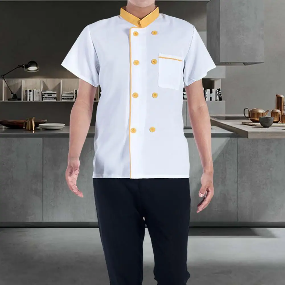 Chef Shirt Contrast Color Stand Collar Short Sleeves Buttons Chef Uniform Loose Women Men Cooking Uniform Adult Work Clothing