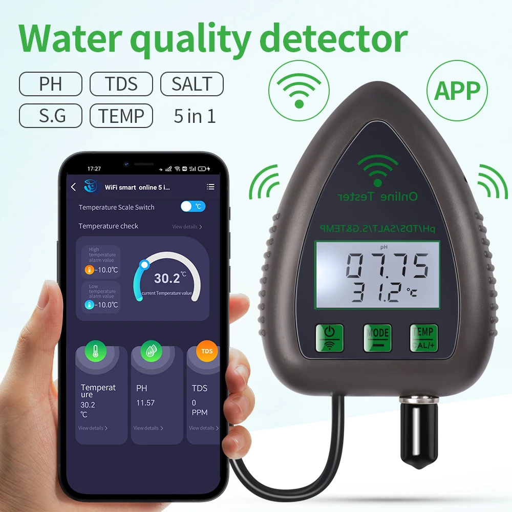 

WiFi Water Quality Monitor Tuya APP Online Digital TDS SALT PH S.G.TEMP Detector Tank Aquariums Water Analyzer Electrode Backlit