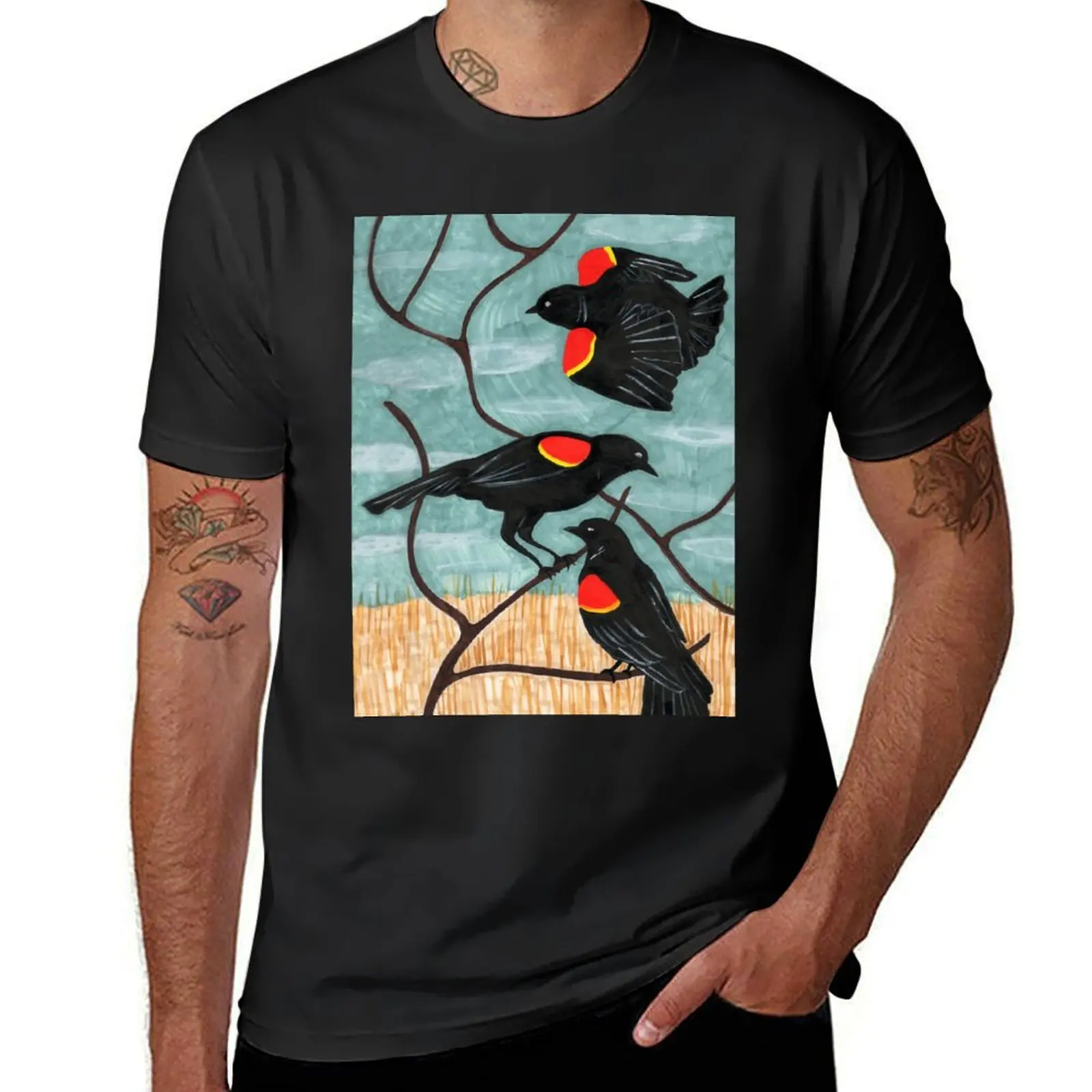 Red Winged Blackbirds by Amanda Laurel Atkins T-Shirt customs quick-drying summer clothes Short sleeve tee men