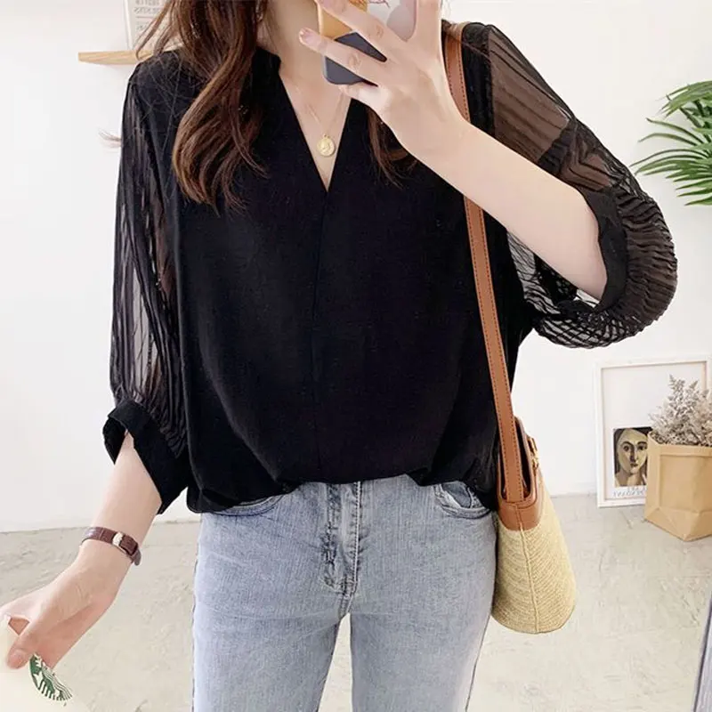 Female Clothing Casual Loose All-match Blouse 2023 Summer 3/4 Sleeve Fashion Solid Color Patchwork Commute Korean V-Neck Shirt