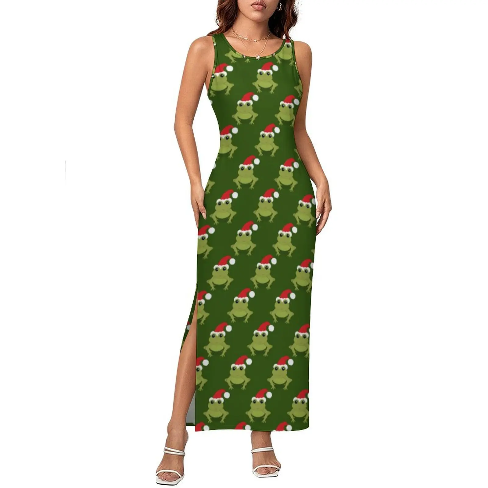 Womens Bodycon Dress Elegant Frog Santa Hat Maxi Dresses Summer Green Christmas Sleeveless Street Wear Graphic Dress Big Size