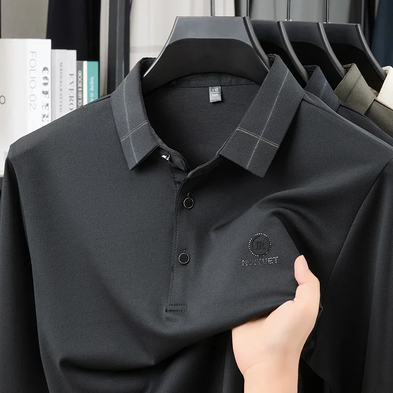 TFETTERS Brand 2026 Autumn Elegant Men's Golf T-shirt Long Sleeve Turn Down Collar Soft Stretch Wrinkle-resistant Business Tops