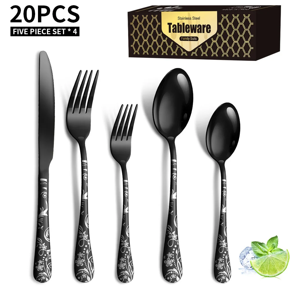 

Stainl Steel Dining Utensils Set PVD Proc Pattern Coloring Western Dining Knife Fork Spoon 20 Pieces Set Daily Gift for...