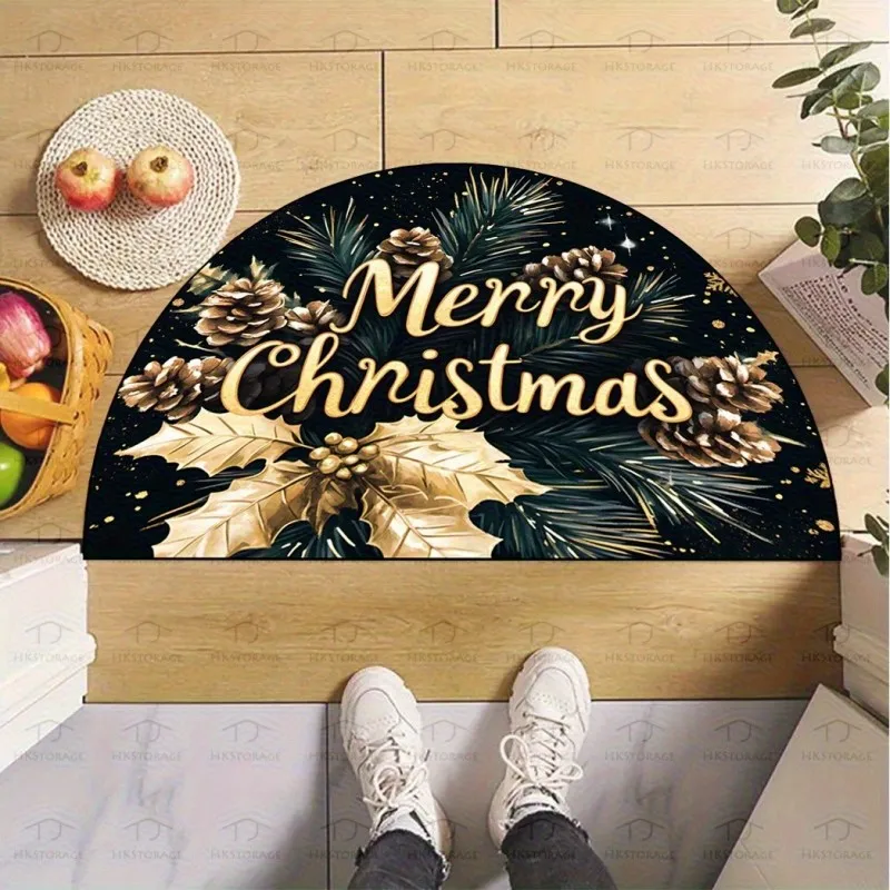 Luxury Gold Leaf Pine Cones Semi Circle Doormat Christmas Welcome Mat