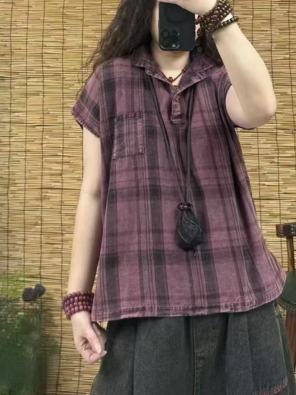 Retro Kontrastowa Krata Bawełna Len Koszula Damska Letnia Casual Luźna Dopasowana Cienka Bawełniana Koszula z Kołnierzykiem