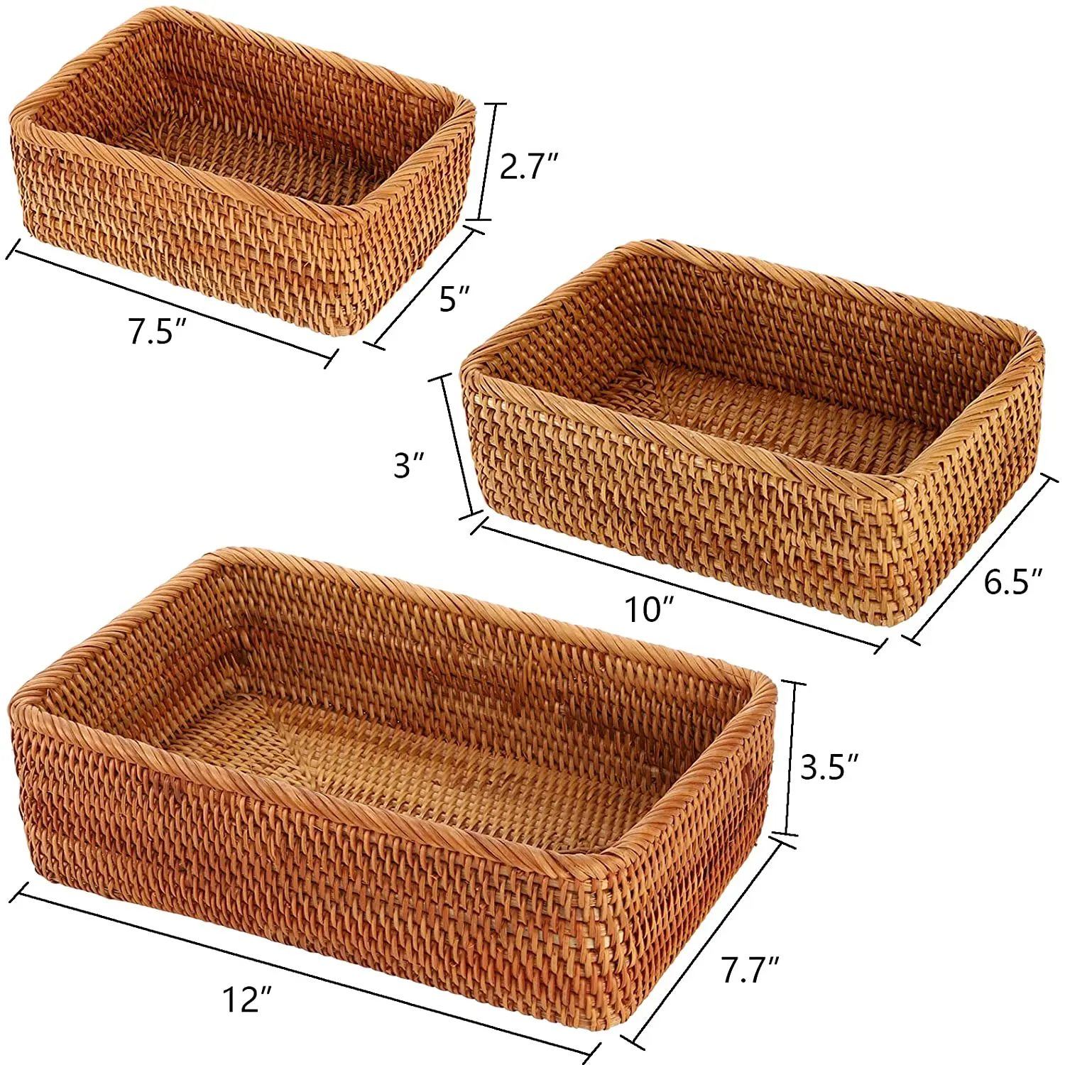 3 Sizes Rectangular Rattan Storage Baskets, Handmade Woven Nesting Wicker Baskets for Decor, Fruit Tray and Snack Storage Box