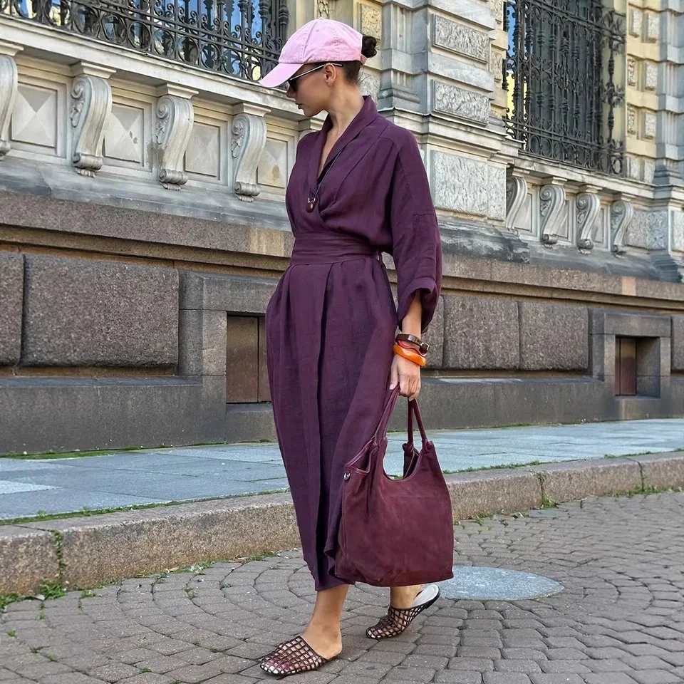 

2026 Spring New Lazy Fashion Casual Three Quarter Sleeve Belted Robe Style Cardigan Dress Women Loose