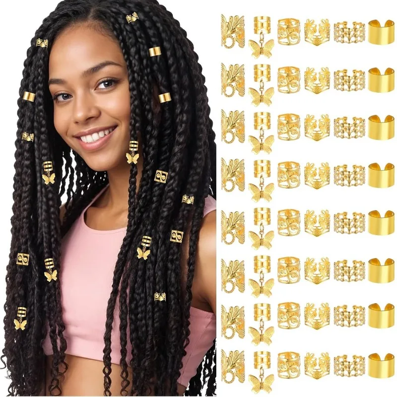 

48Pcs Butterfly Dreadlock Hair Rings Ear Cuffs Set Metal for Locs Braiding Secure Hold Easy Use Party Festival Bohemian Decor