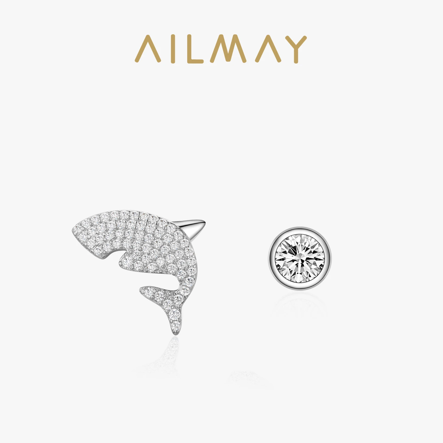 Ailmay Fashion 925 Sterling Silver Cute Great White Shark Animal & Ball Stud Earrings Clear CZ Fine Female Party Jewelry