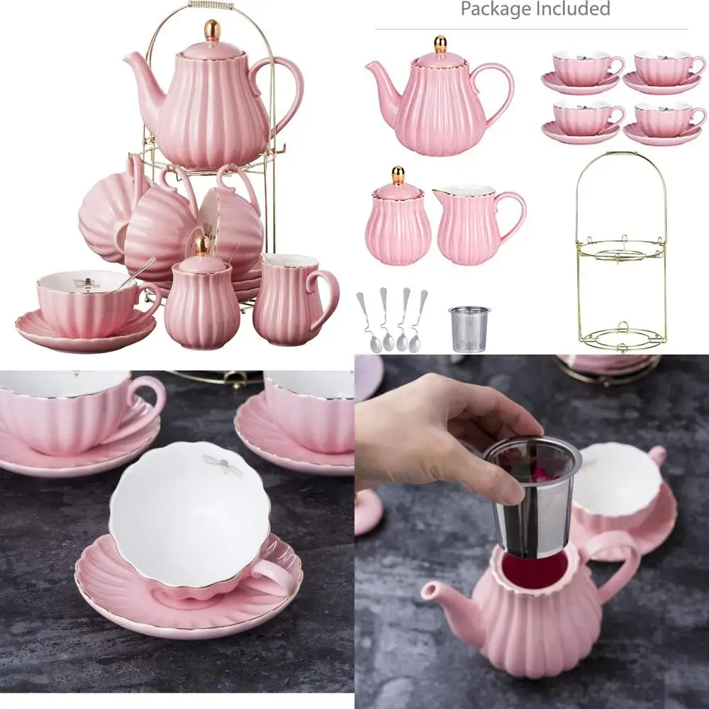 

Fine China Pink Coffee and Tea Cup Set, 7 OZ Cups with Saucer, Service for 4, Includes Teapot, Sugar Bowl, Creamer, and Teaspoon