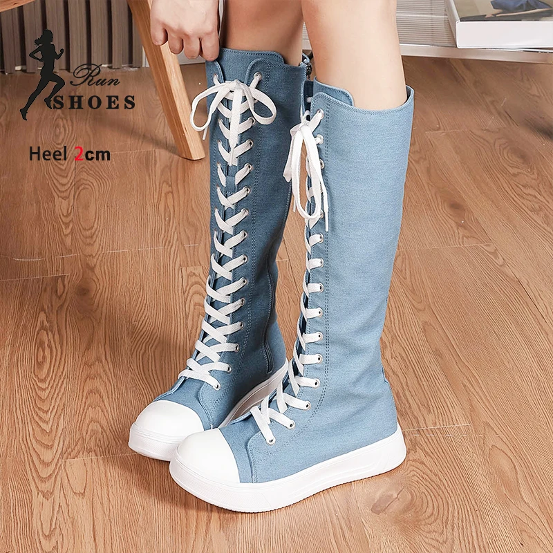 High Top Women Canvas Shoes Sneakers Lace-up Knee-High Boots Side Zipper Girls Flats Casual Shoes Fashion Large Size Long Boots