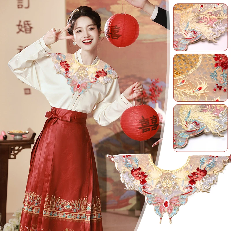 

2024 Chinese Wome Hanfu Cloud Shoulder Red Embroidery Tassel Shawl Hanfu Accessories Embroidered False Collar Original Designs